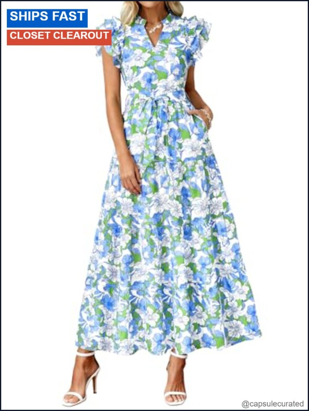 Women Ruffle Cap Sleeve Floral Boho Maxi Dress with Belt & Pockets
